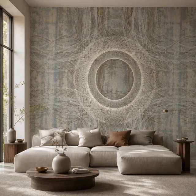 Quiet Weave Circle mural behind a modern lounge seating area