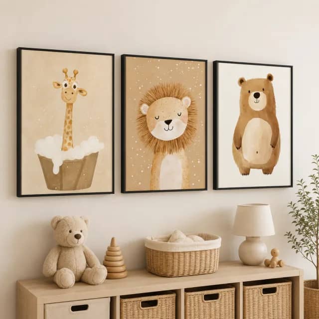 Giraffe lion and bear wall art set in white frames in a kids playroom