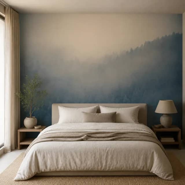 Misty forest mural covering a calm minimalist bedroom wall