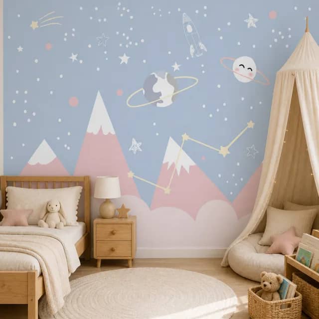 Pastel mountain and planet mural in a calm toddler bedroom