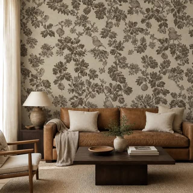Sepia songbird mural behind a brown leather sofa in a warm living room