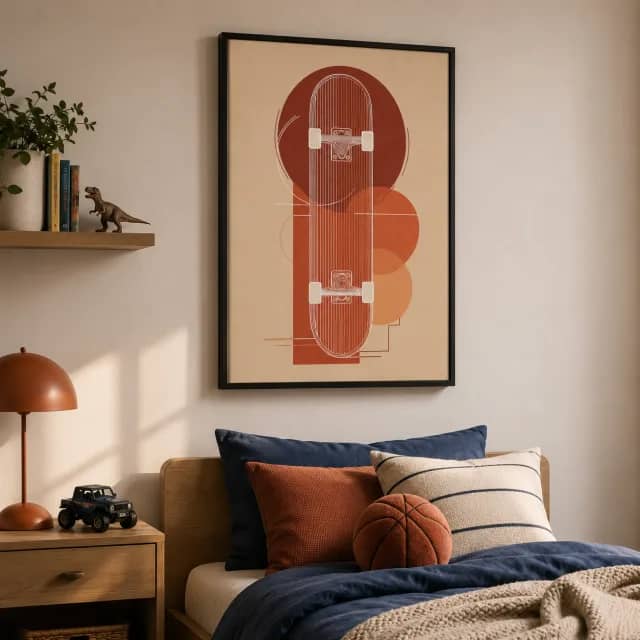 Warm Skate Lines in a black frame above a kids bed with terracotta accents