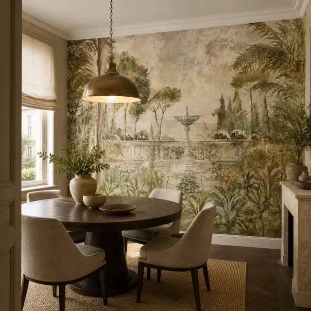 Classic garden fountain wallpaper in a calm dining corner with natural light
