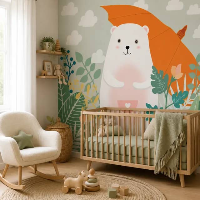 Bear and airplane mural on a serene nursery wall