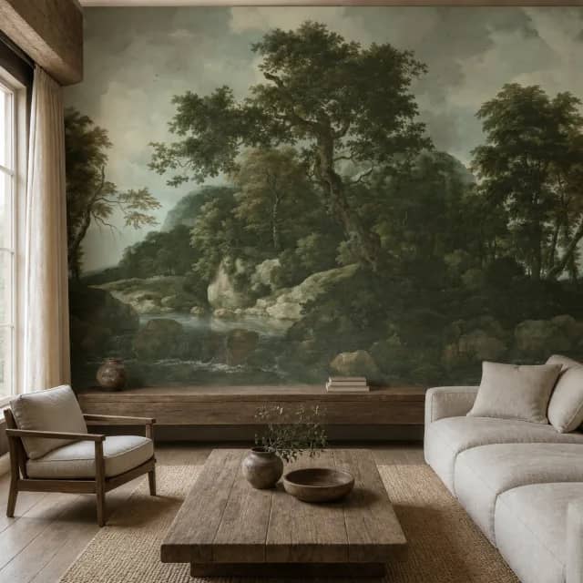 Serene woodland mural on a natural living room wall