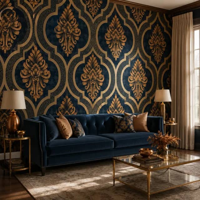 Deep teal copper arabesque wallpaper behind a velvet sofa in a luxury living room