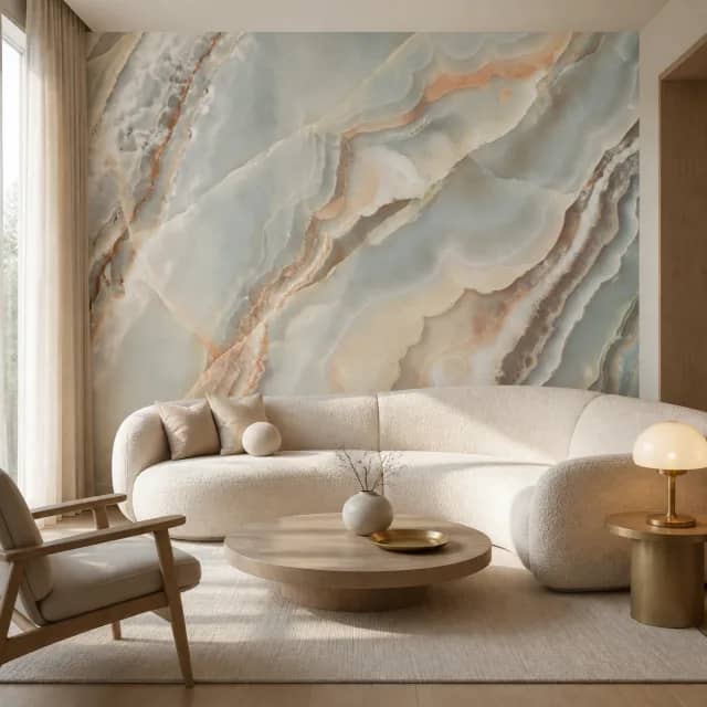 Luxury living room with a luminous pearl onyx mural wall