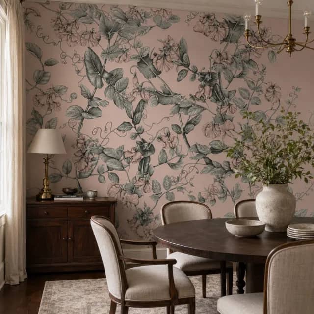Blush and gray botanical wallpaper in a refined dining room