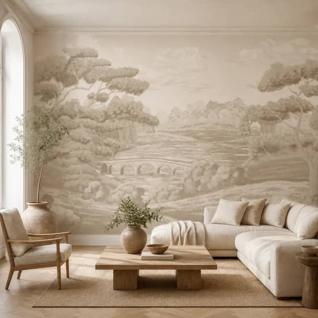 Beige pastoral bridge mural in a bright living room