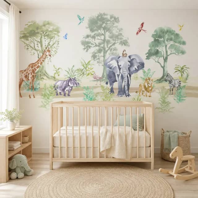 Watercolor safari mural installed in a nursery