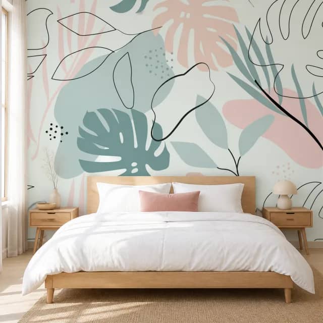 Mint and blush leaf mural in a modern bedroom
