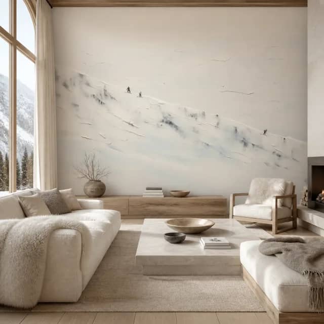 Silent Descent mural installed in an alpine chalet lounge