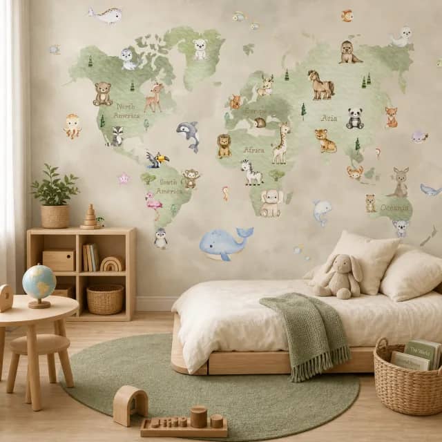Animal world map mural in a Montessori children's bedroom