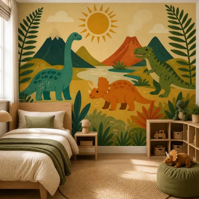 Dinosaur mural on a children's bedroom wall with oak furniture