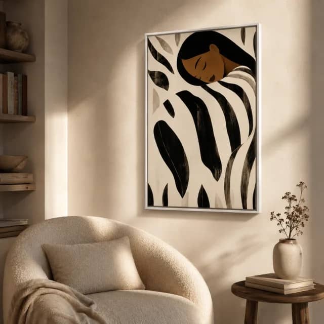 Leaf Stillness artwork in a white frame in a soft reading corner