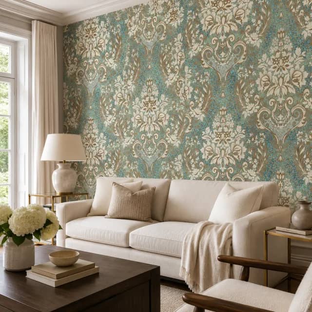 Turquoise damask wallpaper in a classic reception room with an ivory sofa