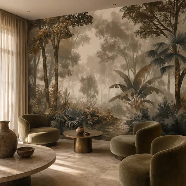 Sepia mist forest installed on a boutique lounge wall with olive seating and bronze accents