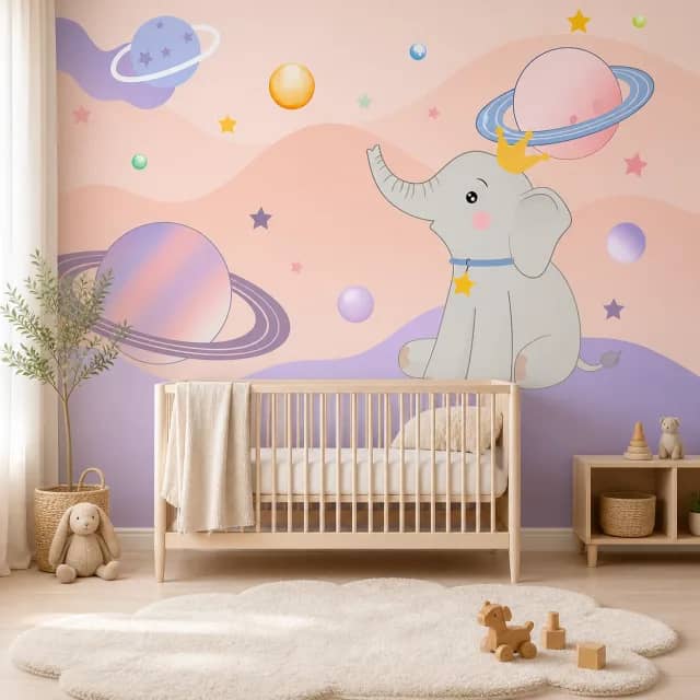 Pastel space elephant mural installed in a calm nursery with a wooden cot