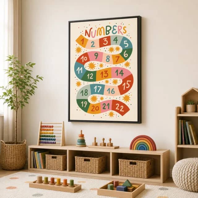 Playful Numbers Journey in a black frame above organized play shelves