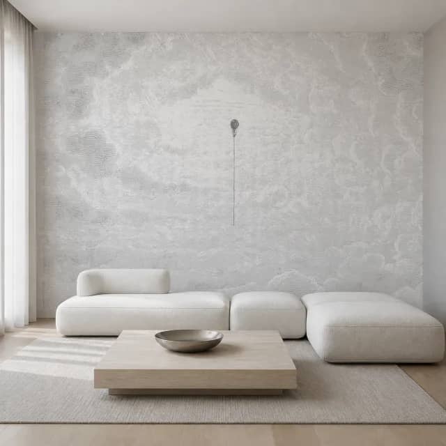 Minimalist grey mural in a white living room