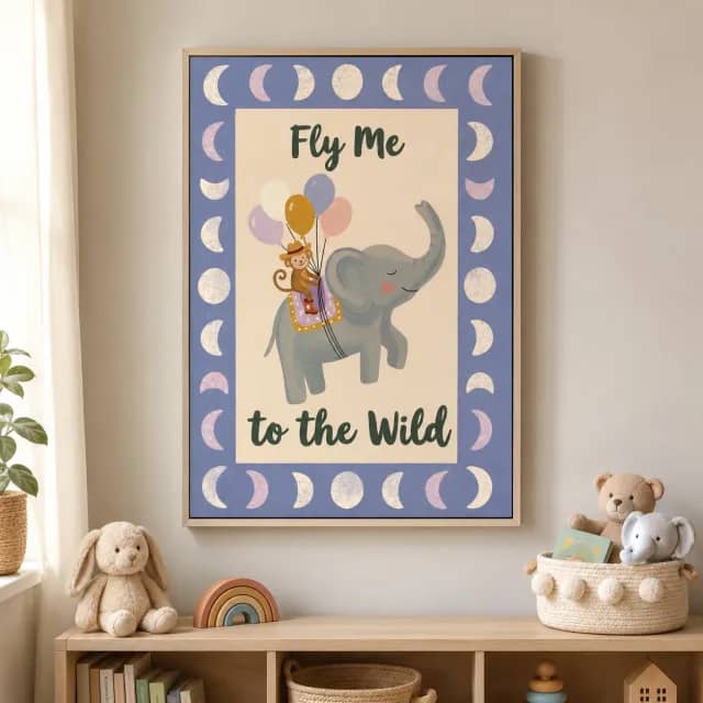 Moonlit Flight to the Wild in a white frame in a calm kids reading corner