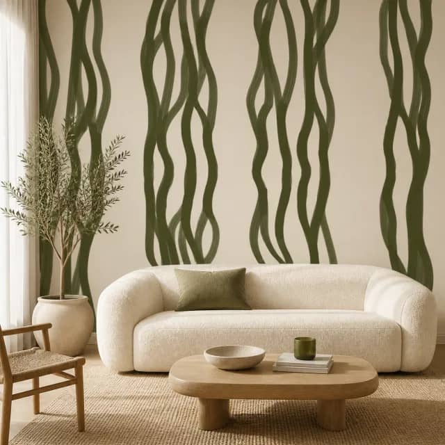 Olive Ribbons mural installed in a modern living room