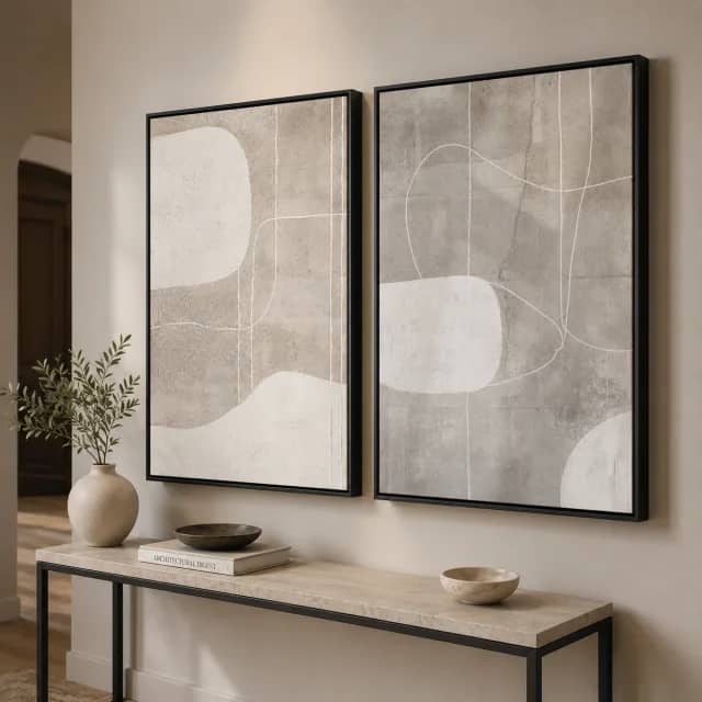 Quiet Textures black-framed canvas pair in a modern office nook