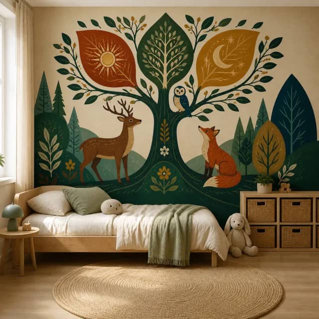Woodland tree mural installed in a Scandinavian kids bedroom