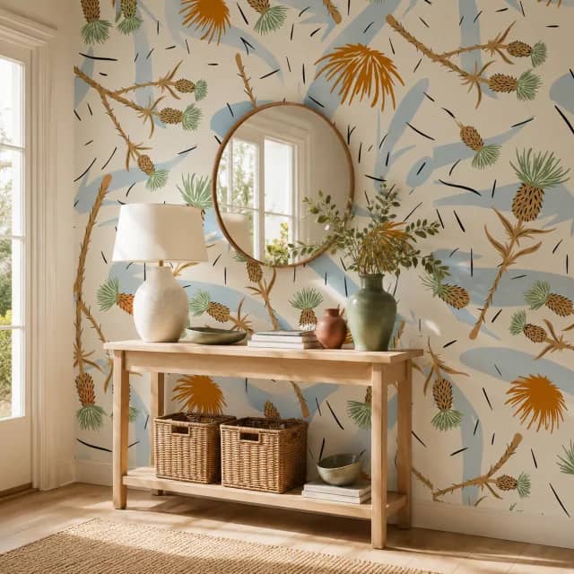 Abstract botanical wallpaper installed behind a pale wood console in a calm entryway