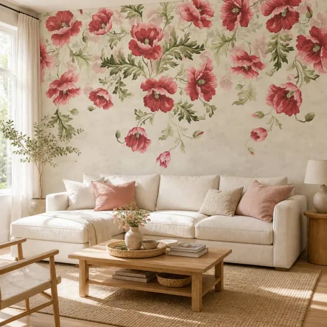 Watercolor poppy mural installed in a bright neutral living room
