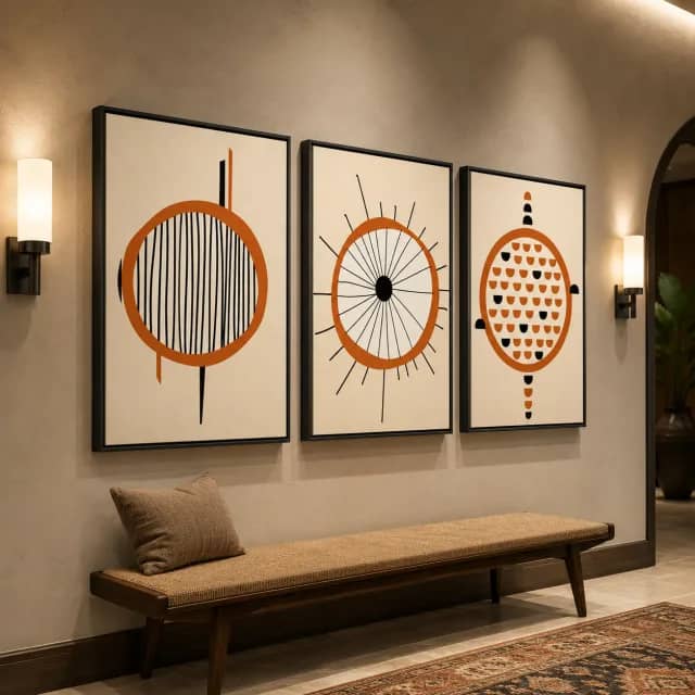 Three-piece geometric wall art with black frames on an elegant hotel lounge wall