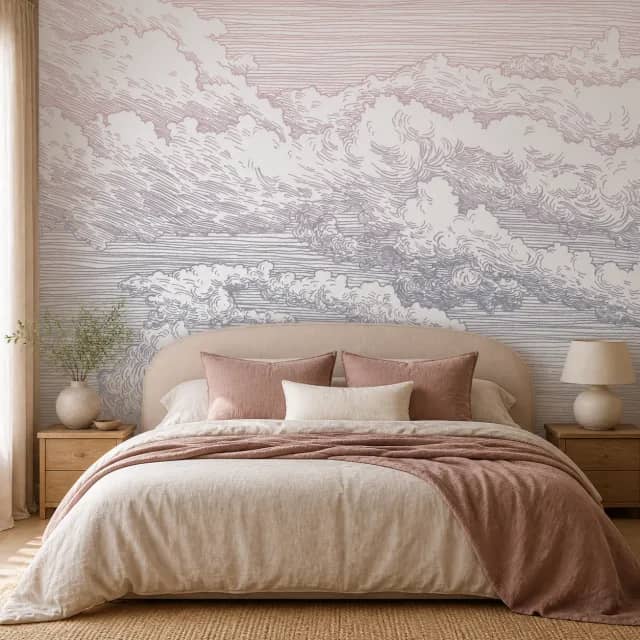 Soft bedroom with engraved cloud wallpaper behind the bed