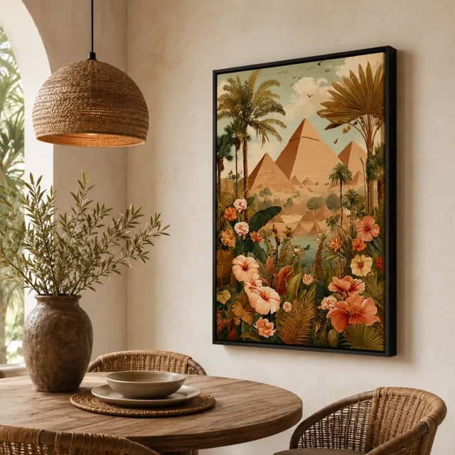 Blooming Pyramid Oasis in a black frame inside a natural dining nook with woven textures