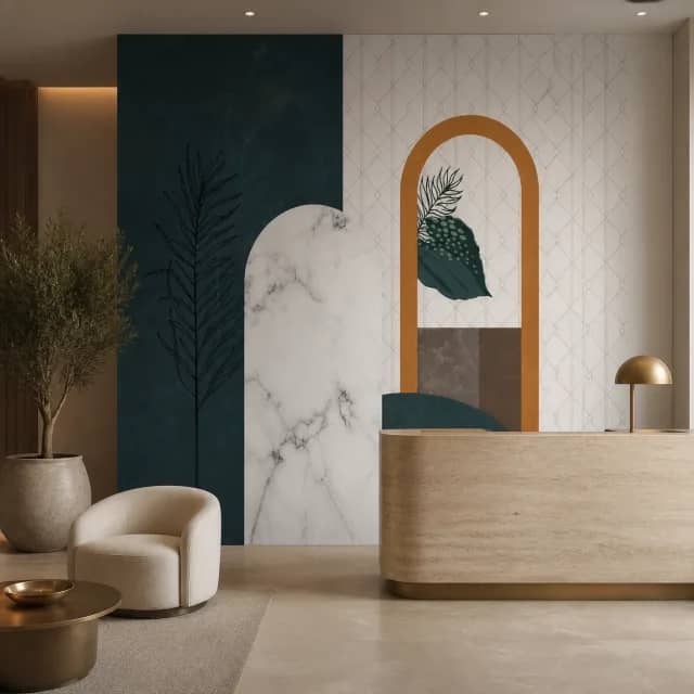 Teal Marble Arch Mural on a boutique hotel reception wall