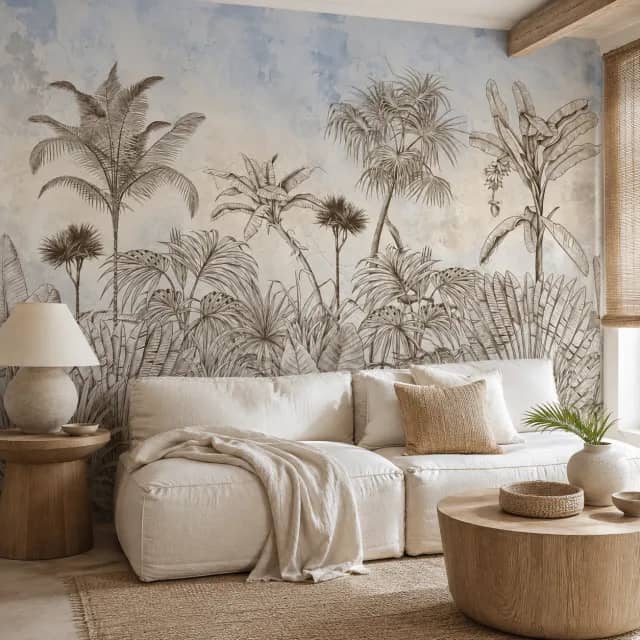 Blue Palm Breeze wallpaper mural behind a linen sofa in a coastal living room.