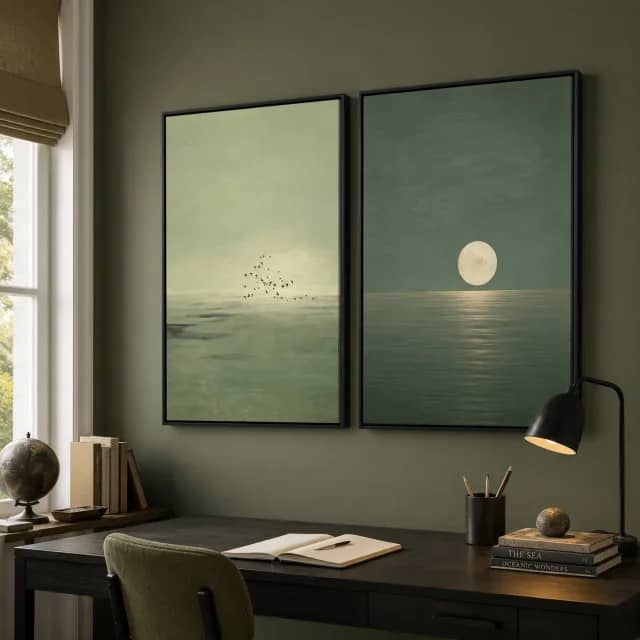 Kids two-panel wall art in black frames above a small study desk
