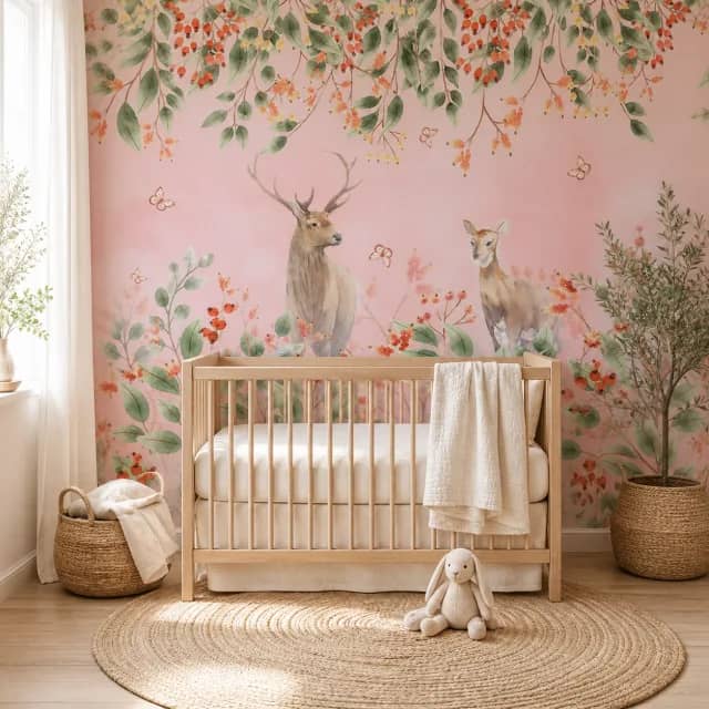 Blush Deer Garden mural in a serene nursery with a natural wood crib