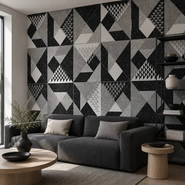 Gray and black geometric wallpaper behind a sofa in a modern living room
