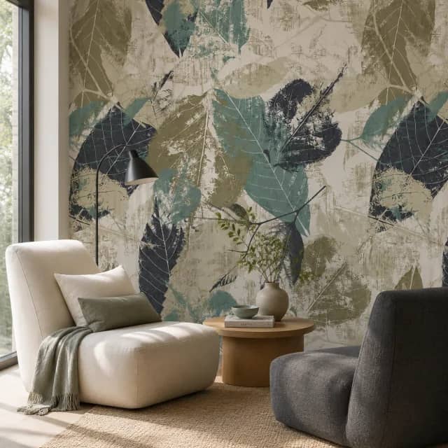 Botanical leaf wallpaper installed in a calm lounge corner