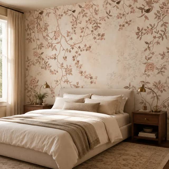 Beige floral branch wallpaper mural behind a calm bedroom bed