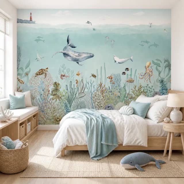 Watercolor ocean mural installed in a serene kids bedroom