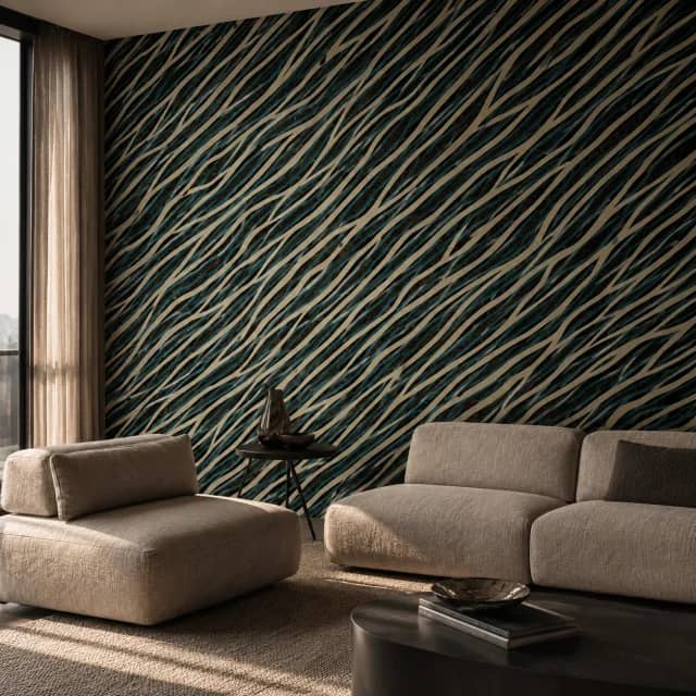 Teal abstract wallpaper installed on a modern lounge feature wall
