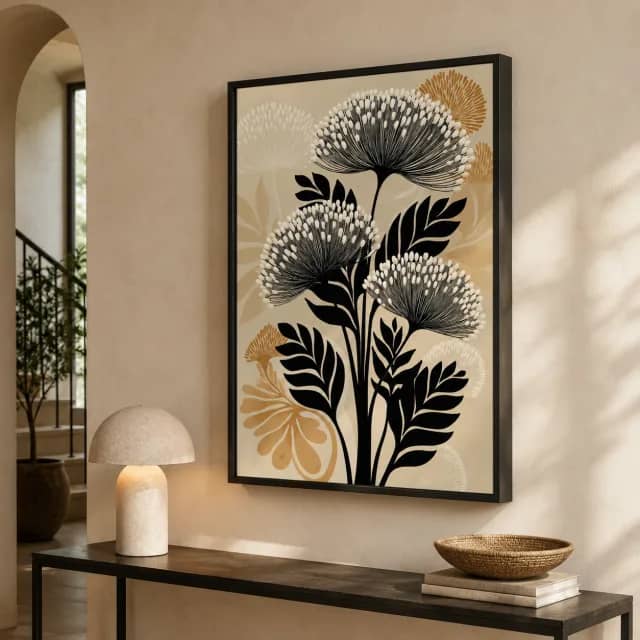 Black beige botanical flower artwork in a black frame above an elegant entry console