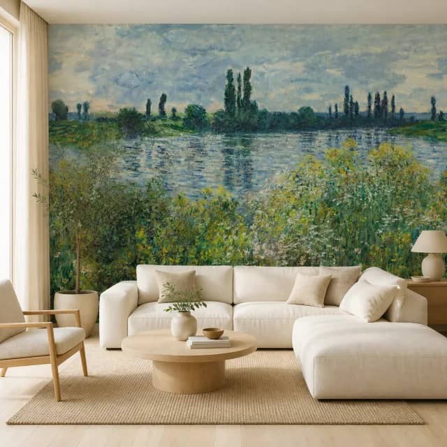 Impressionist river mural covering a contemporary living room wall