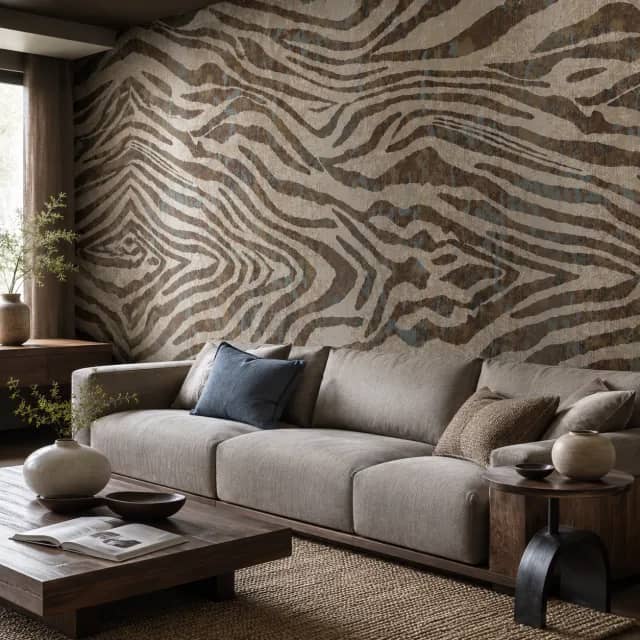 Abstract tiger stripe wallpaper installed behind a sofa in a modern living room