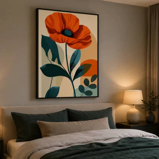 Sunrise Poppy in a black frame above a calm bed with warm lighting