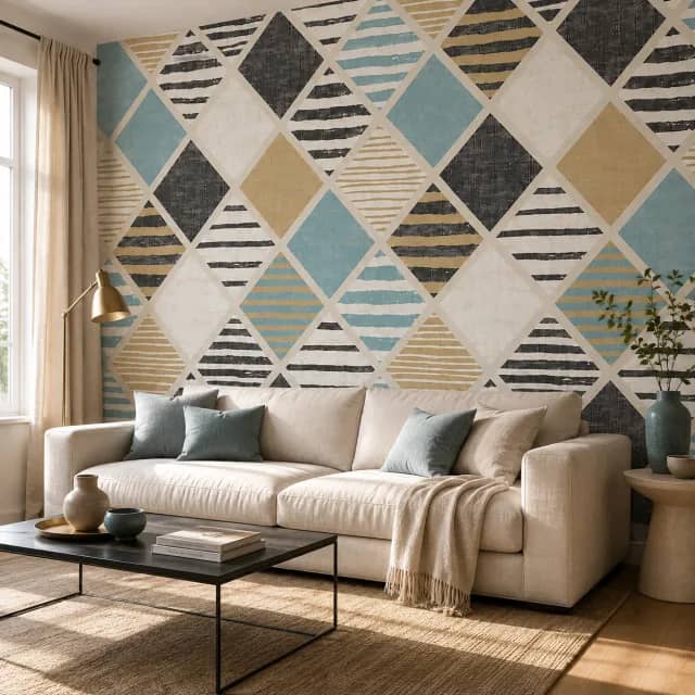 Aqua and charcoal geometric wallpaper installed in a modern living room