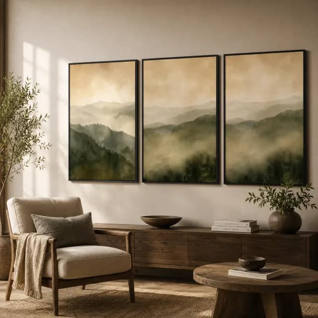 Quiet Mountain Mist three-panel set in black frames above a wood console in a reading corner
