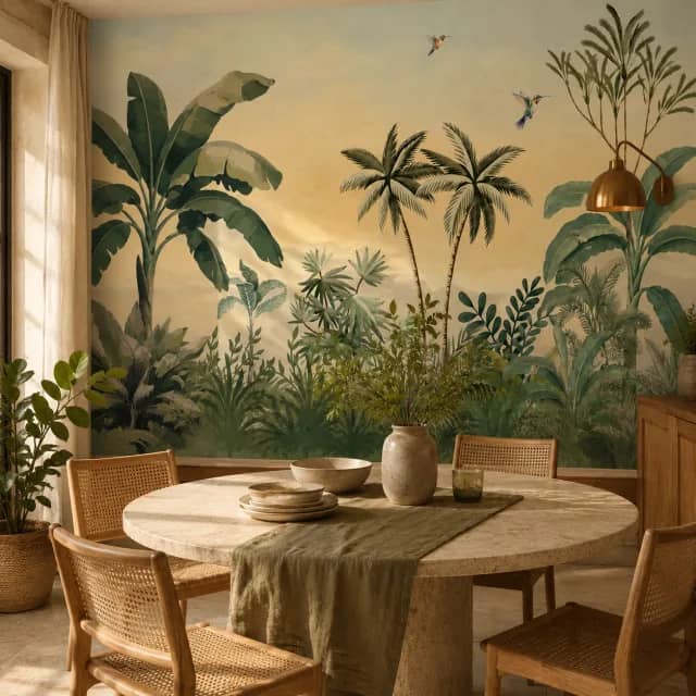 Botanical tropical wallpaper in a dining nook