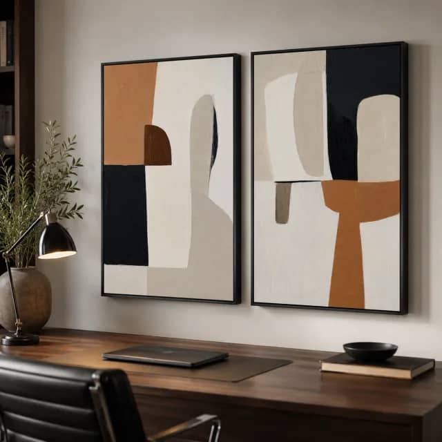 Quiet Arches black-framed abstract pair behind a wooden home office desk